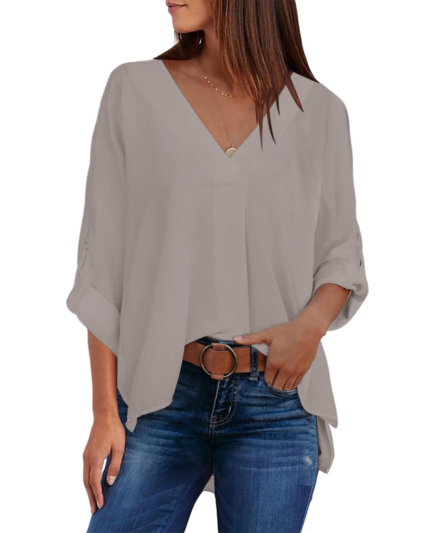 Azura Exchange V Neck 3/4 Sleeve High Low Hem Shirt - L