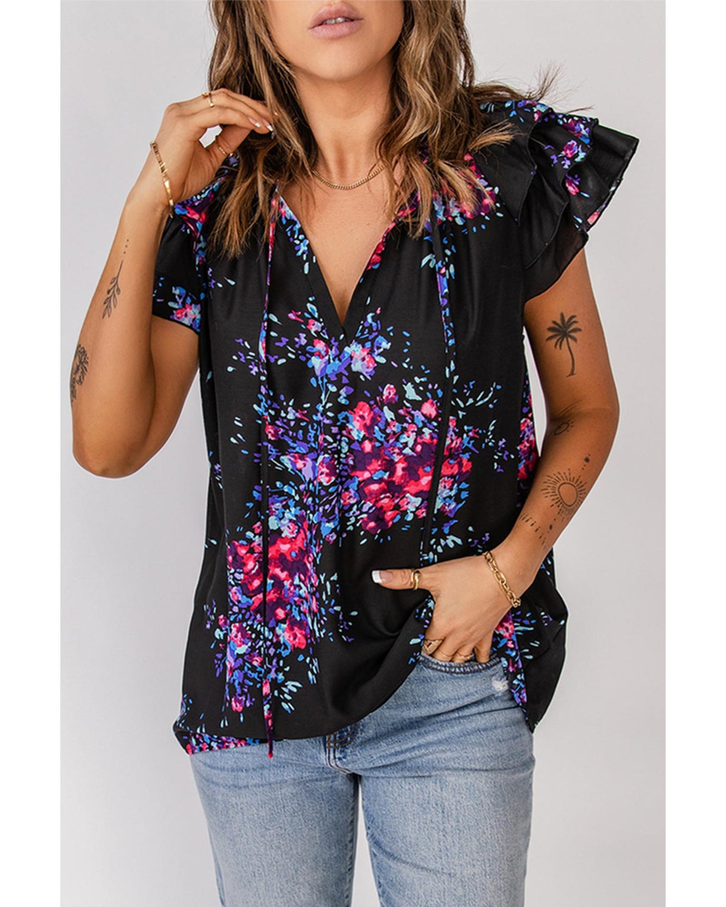 Azura Exchange Butterfly Sleeves Tie-dye Print Blouse - M