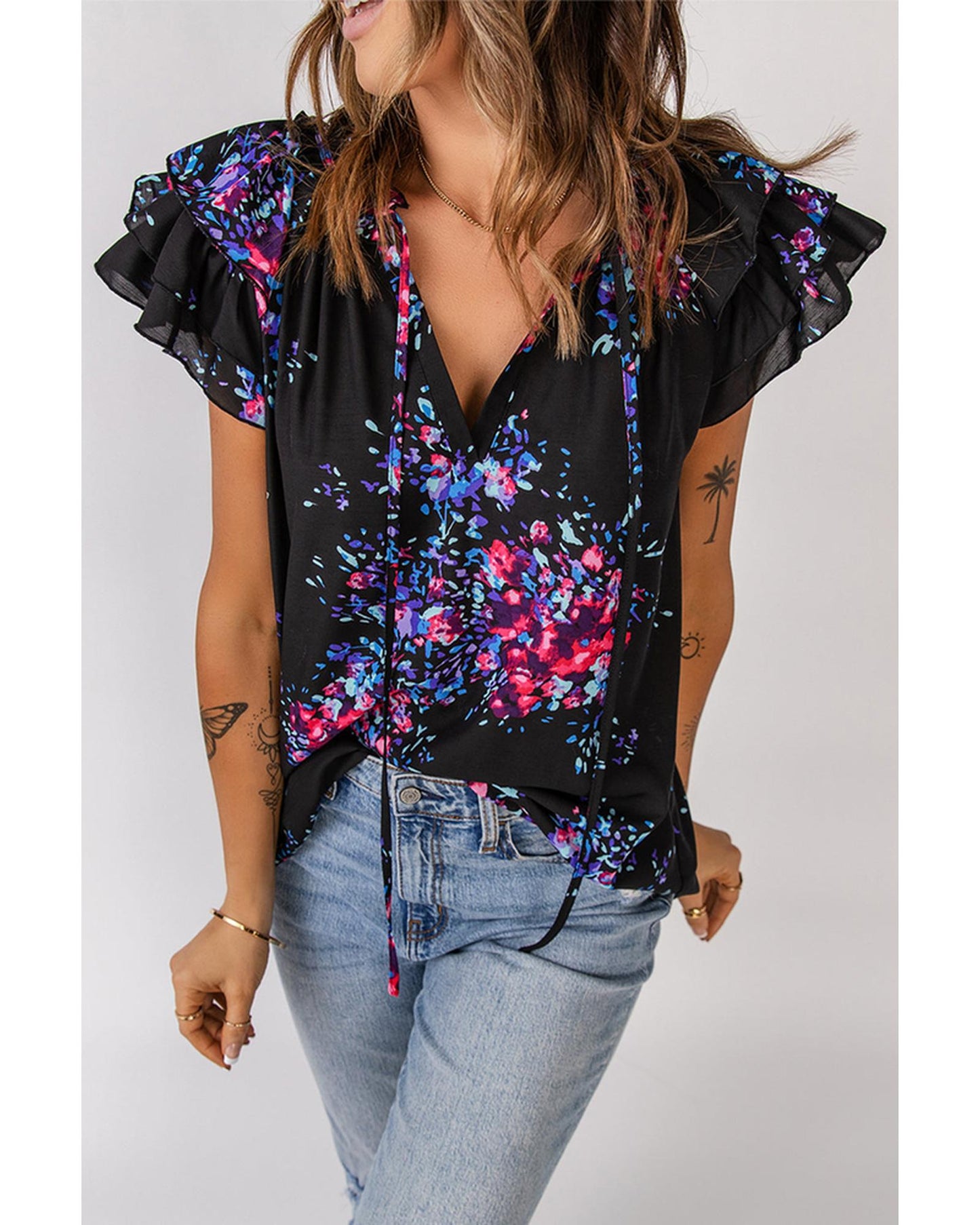 Azura Exchange Butterfly Sleeves Tie-dye Print Blouse - M