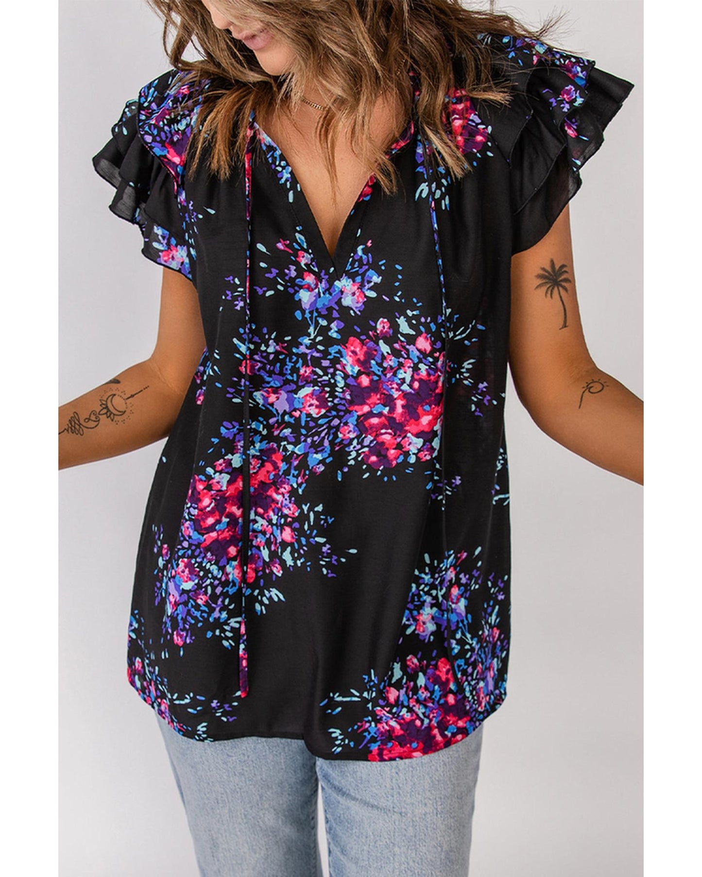 Azura Exchange Butterfly Sleeves Tie-dye Print Blouse - M