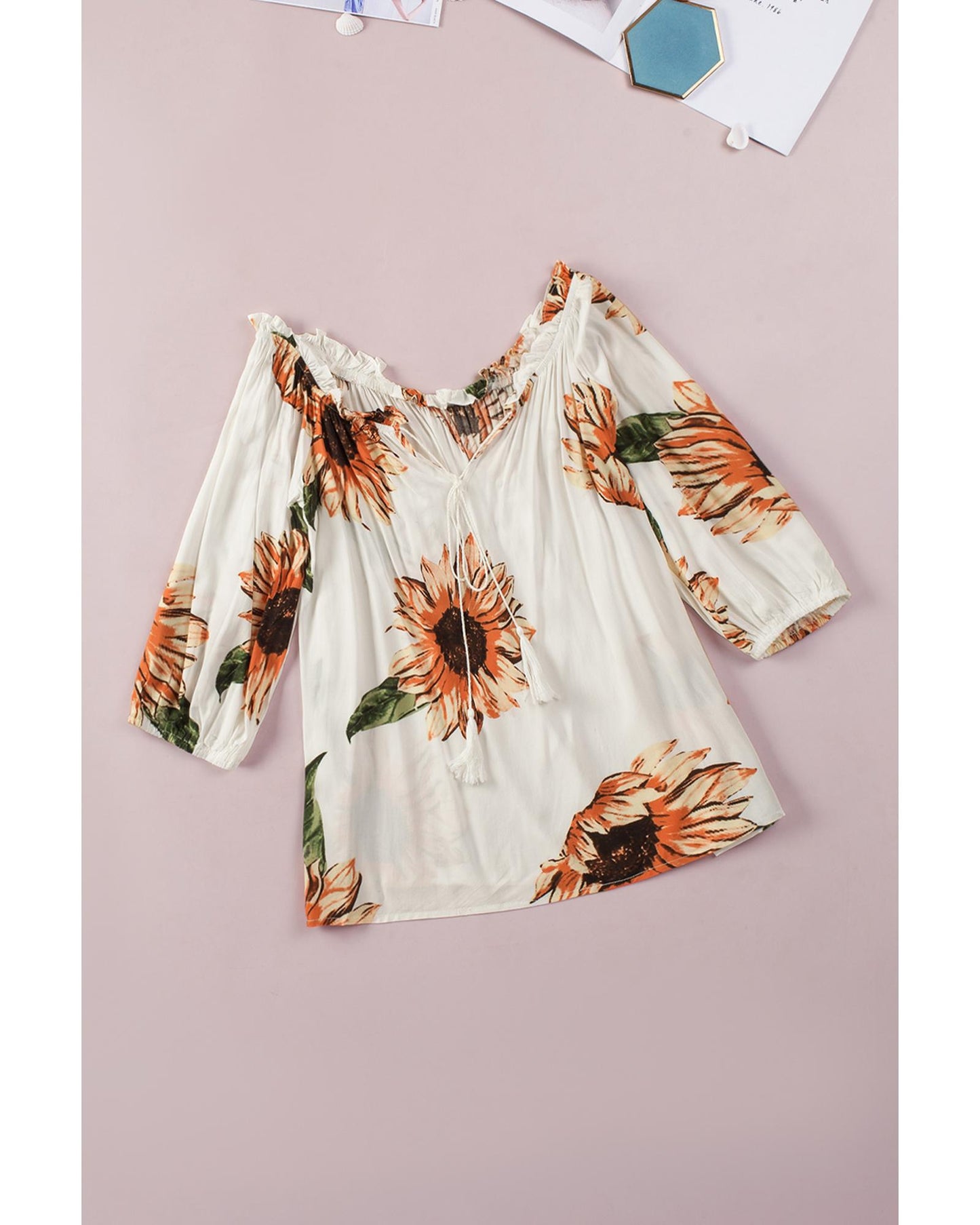 Azura Exchange Floral Off Shoulder Blouse with Ruffled Details and Tassel Tie - L