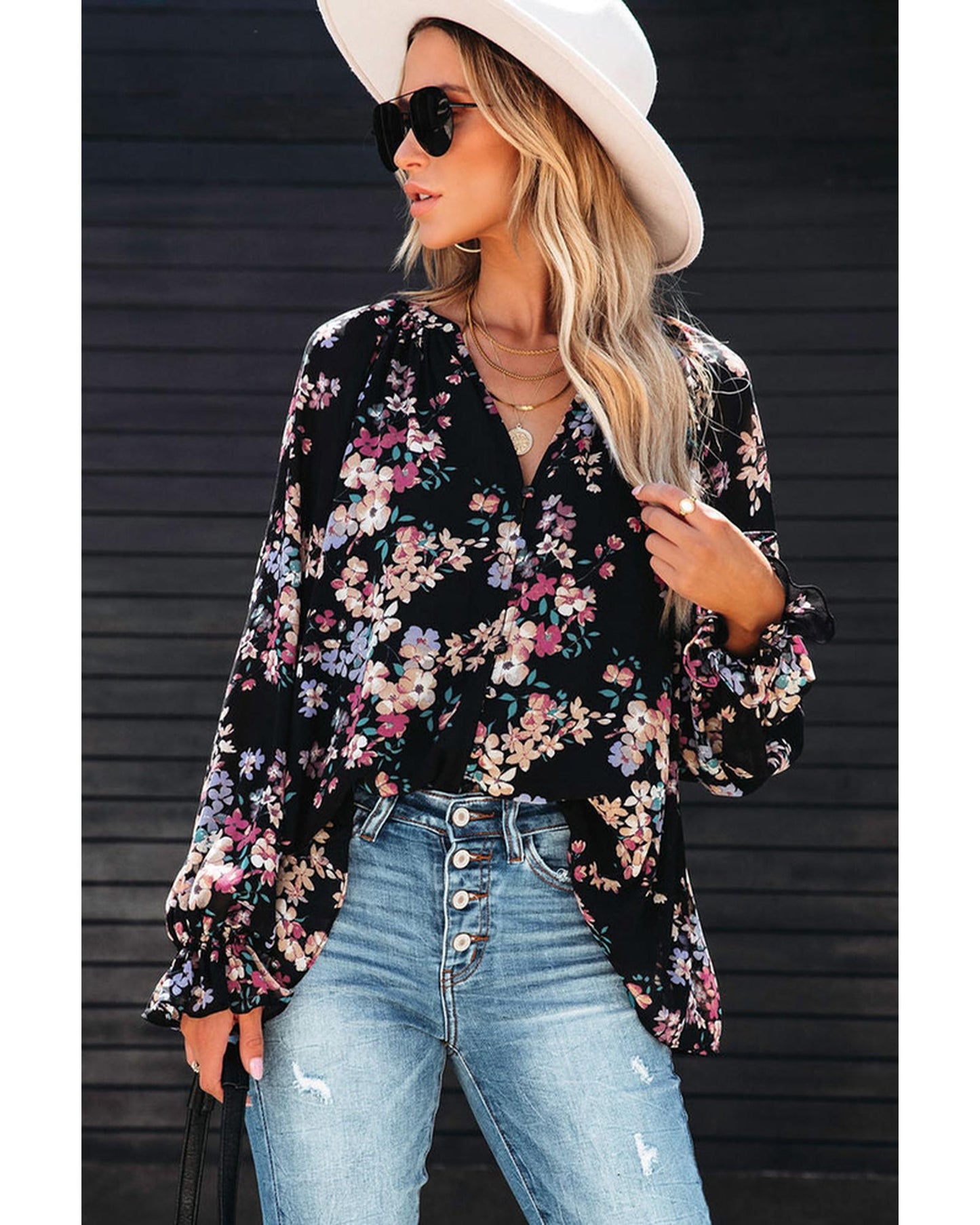 Azura Exchange Wildflower Print Chiffon Blouse - L