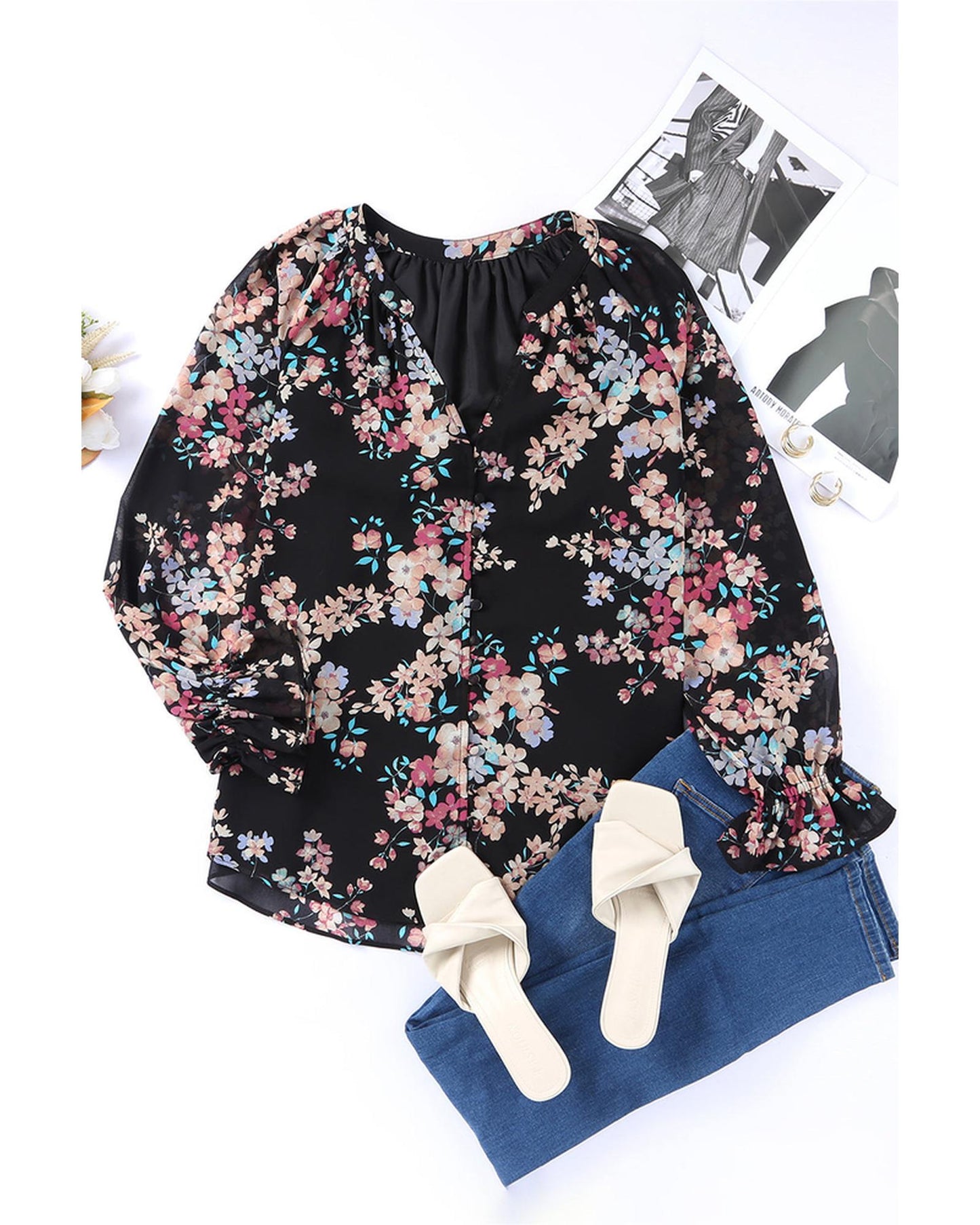 Azura Exchange Wildflower Print Chiffon Blouse - L