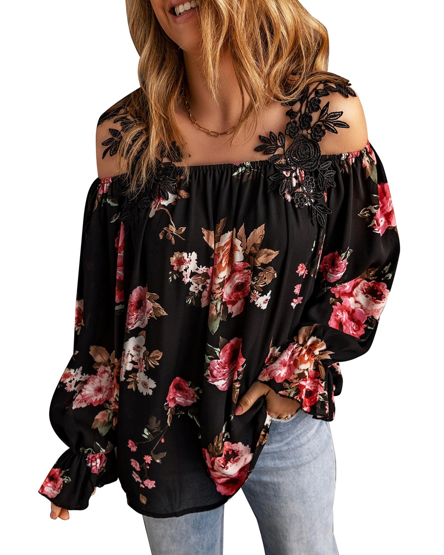 Azura Exchange Lace Patchwork Cold Shoulder Blouse - M