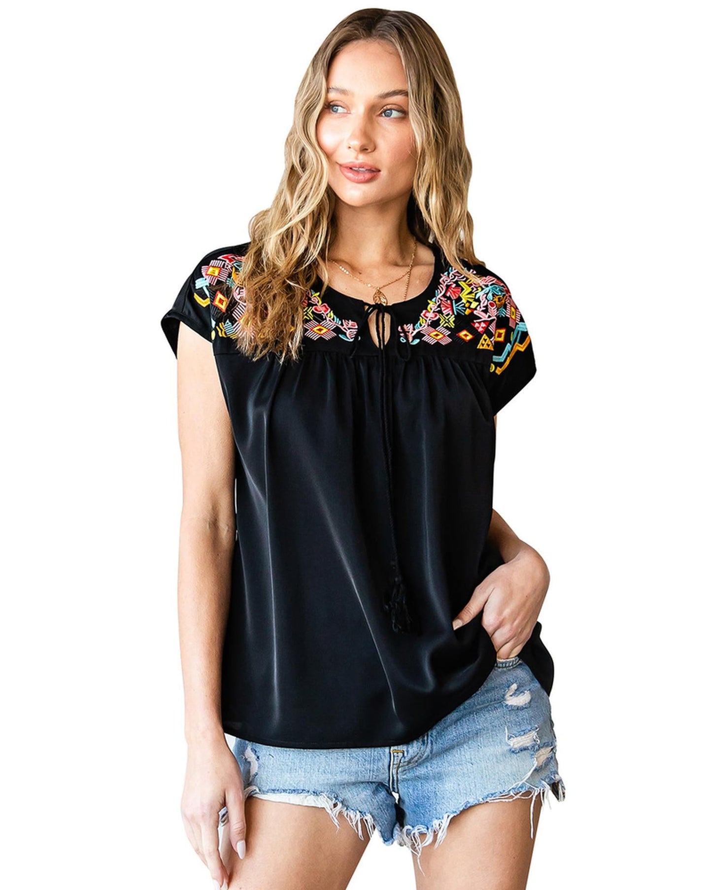 Azura Exchange Embroidered Short Sleeve Blouse - M