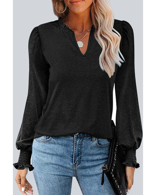 Azura Exchange Frill V Neck Puff Long Sleeve Top - L