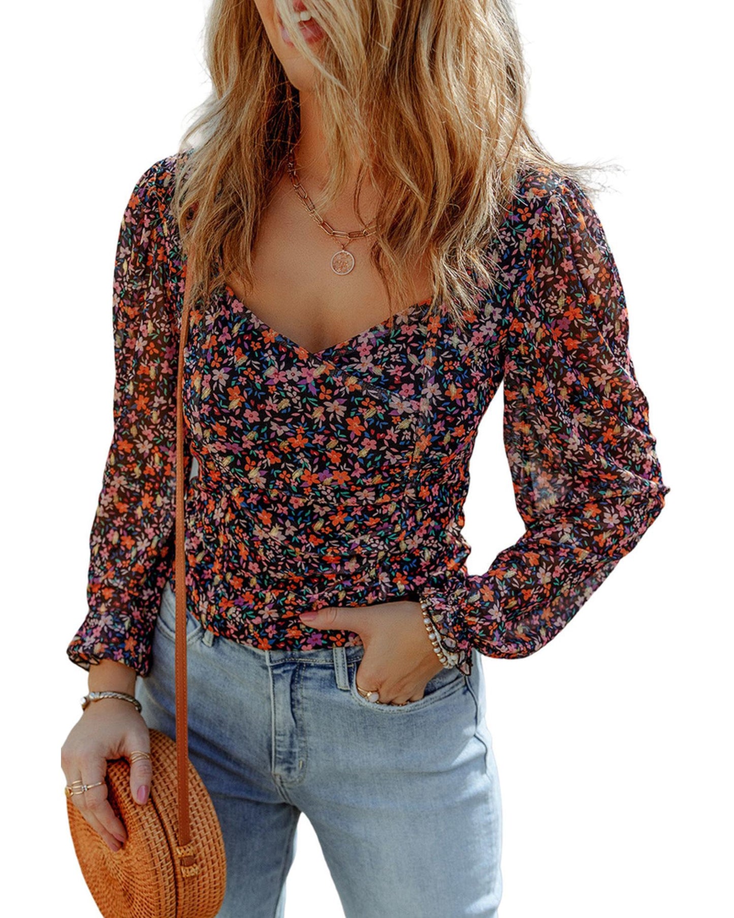 Azura Exchange V Neck Bubble Sleeve Floral Blouse - 2XL