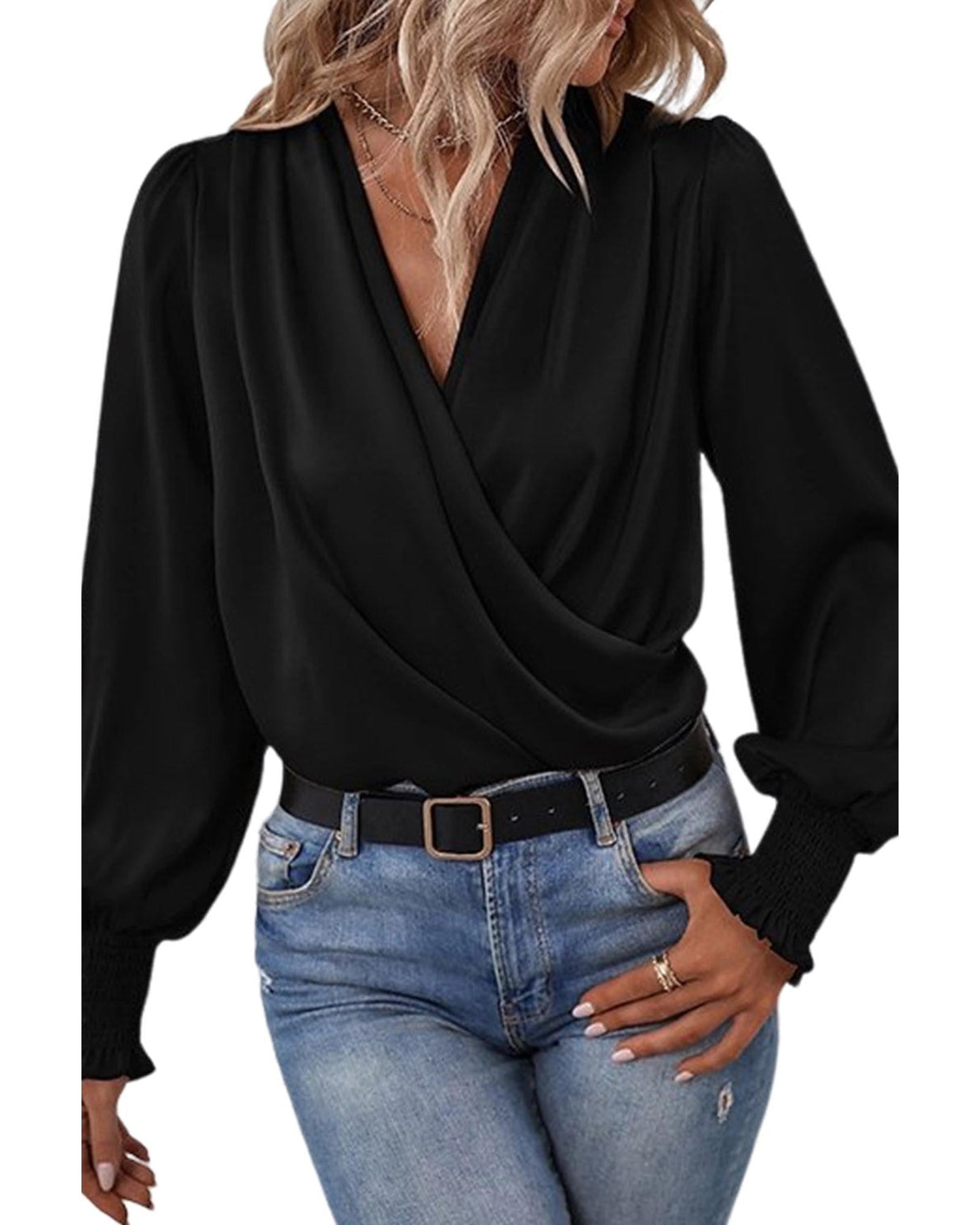 Azura Exchange Elegant Surplice Neck Draped Blouse - L