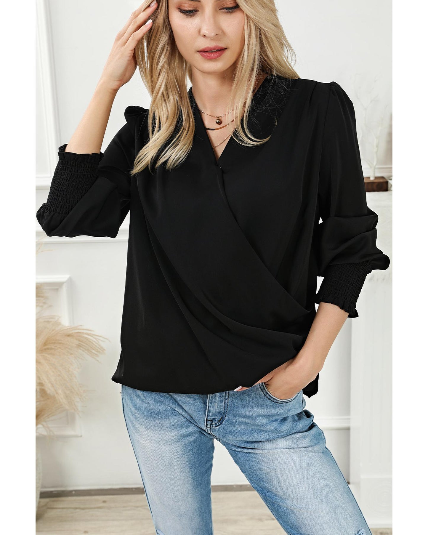 Azura Exchange Elegant Surplice Neck Draped Blouse - L