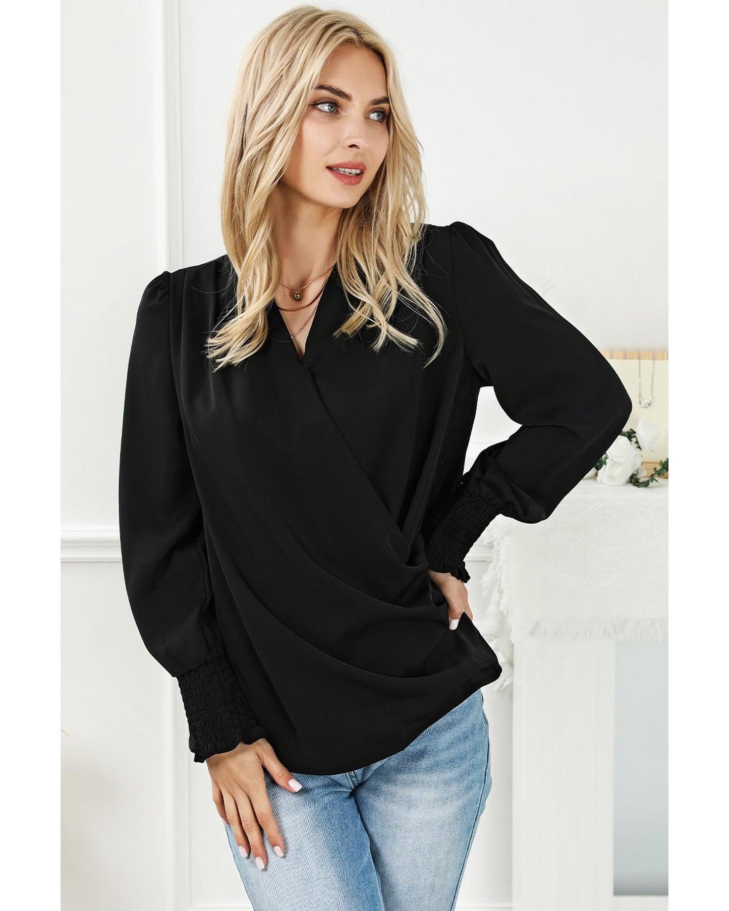 Azura Exchange Elegant Surplice Neck Draped Blouse - L