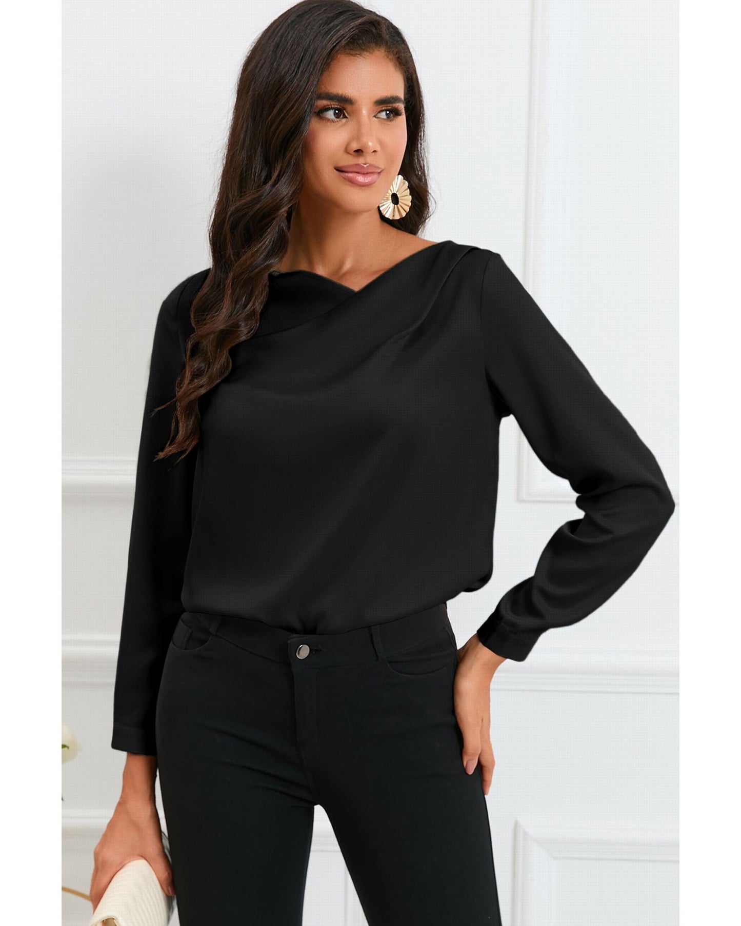 Azura Exchange Asymmetric V Neck Satin Blouse - L