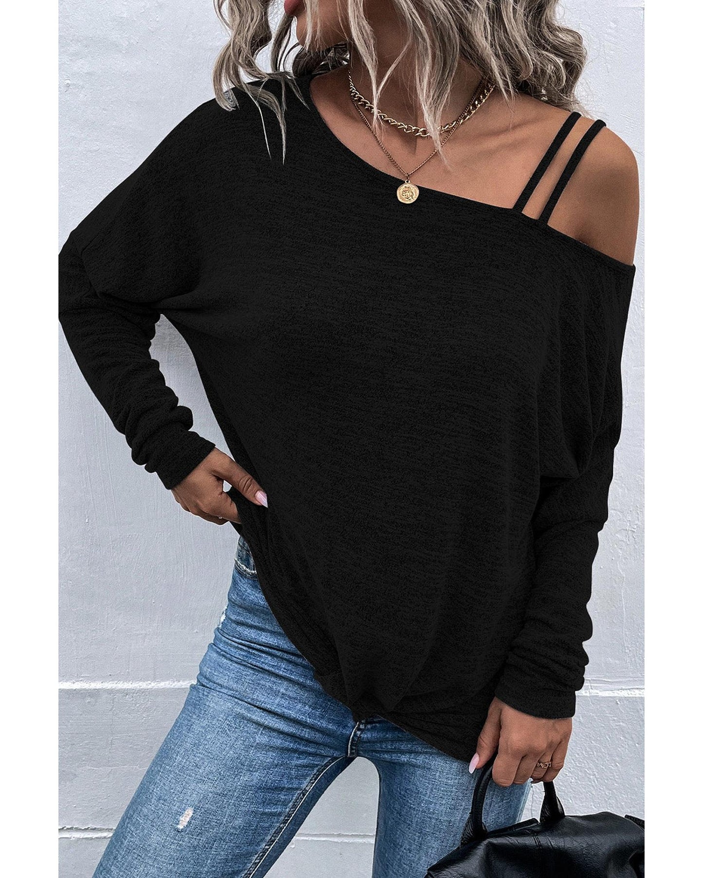 Azura Exchange Asymmetric Strappy Cold Shoulder Long Sleeve Top - L