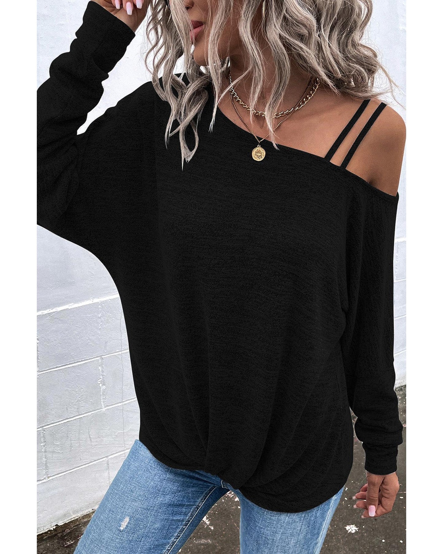 Azura Exchange Asymmetric Strappy Cold Shoulder Long Sleeve Top - L