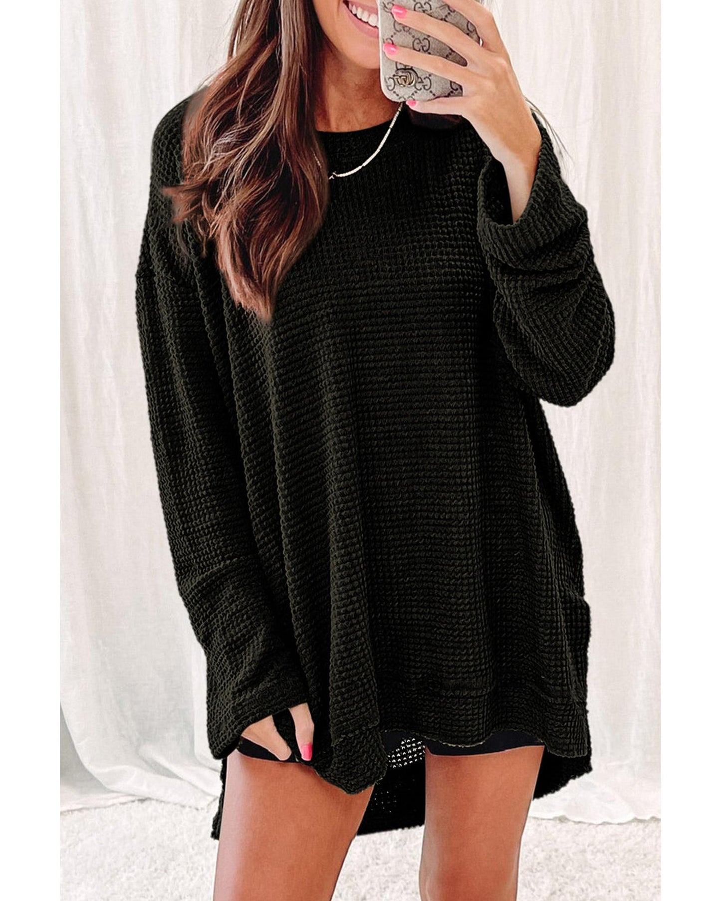 Azura Exchange Waffle Knit Oversized Black Top - L