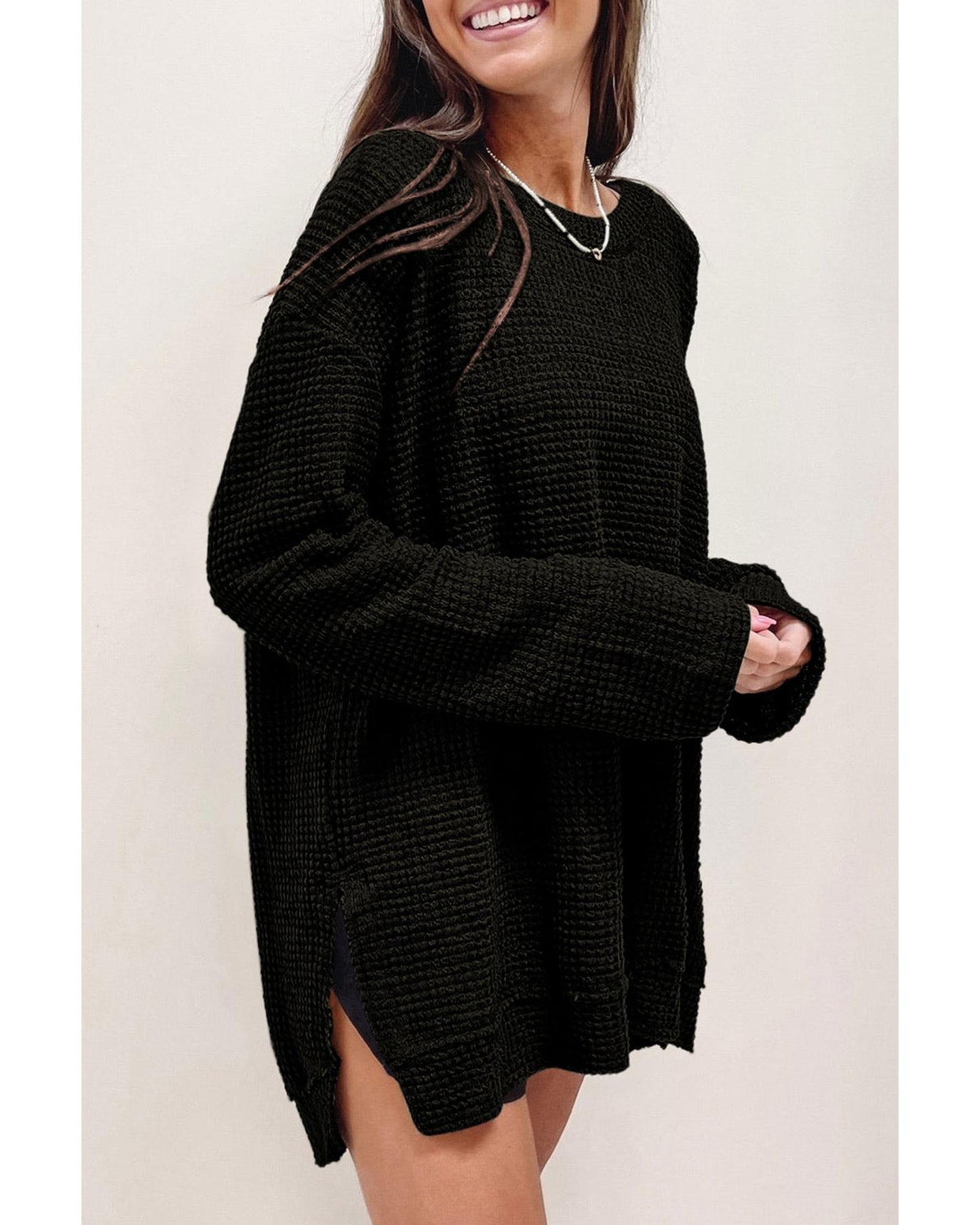 Azura Exchange Waffle Knit Oversized Black Top - L