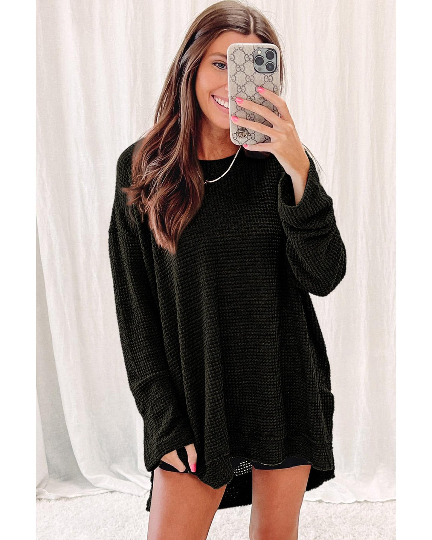 Azura Exchange Waffle Knit Oversized Black Top - L