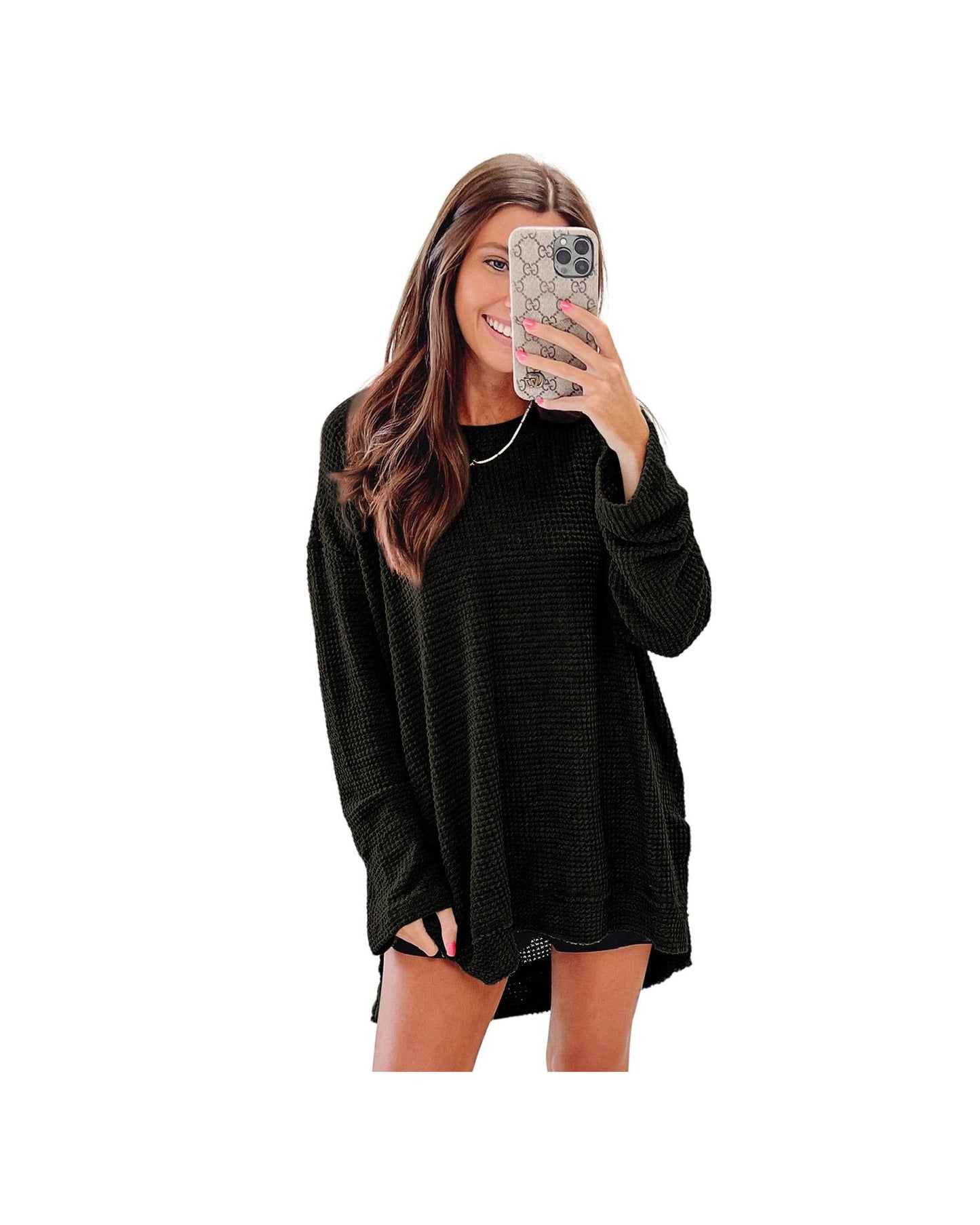 Azura Exchange Waffle Knit Oversized Black Top - L