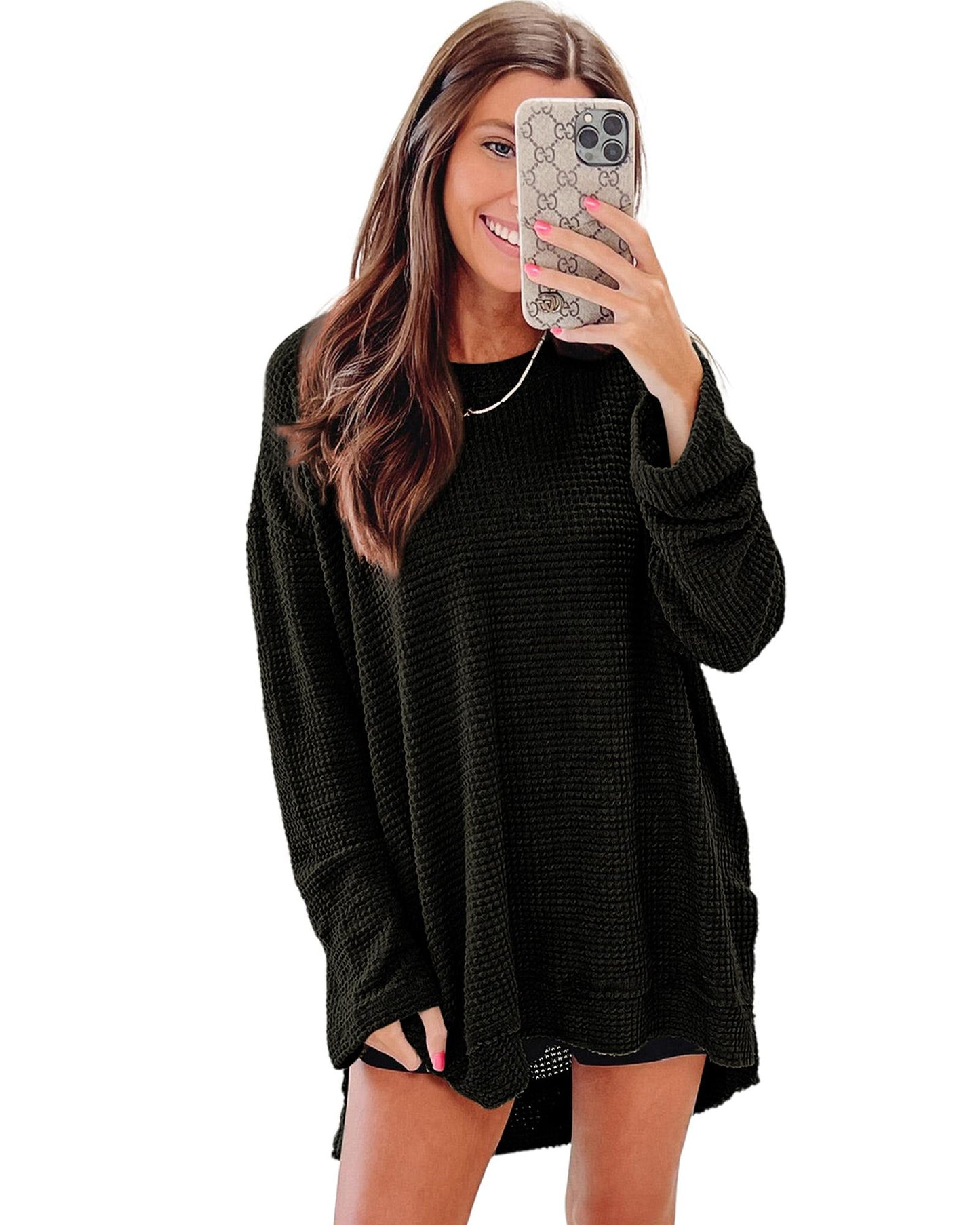 Azura Exchange Waffle Knit Oversized Black Top - L