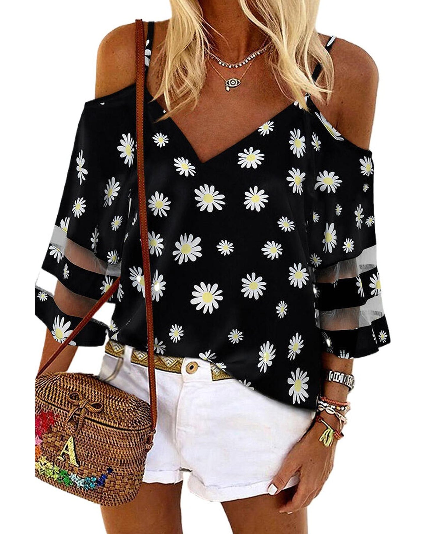 Azura Exchange Floral Cold Shoulder Blouse - S