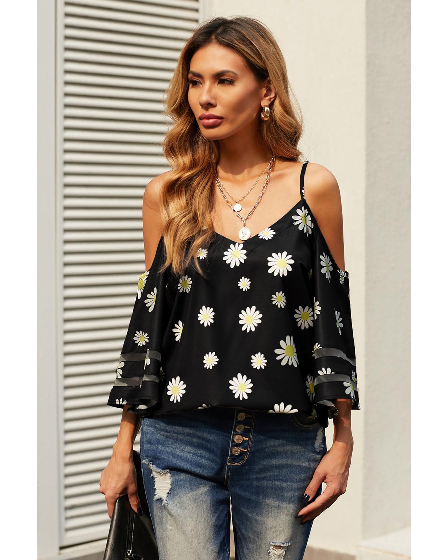 Azura Exchange Floral Cold Shoulder Blouse - S