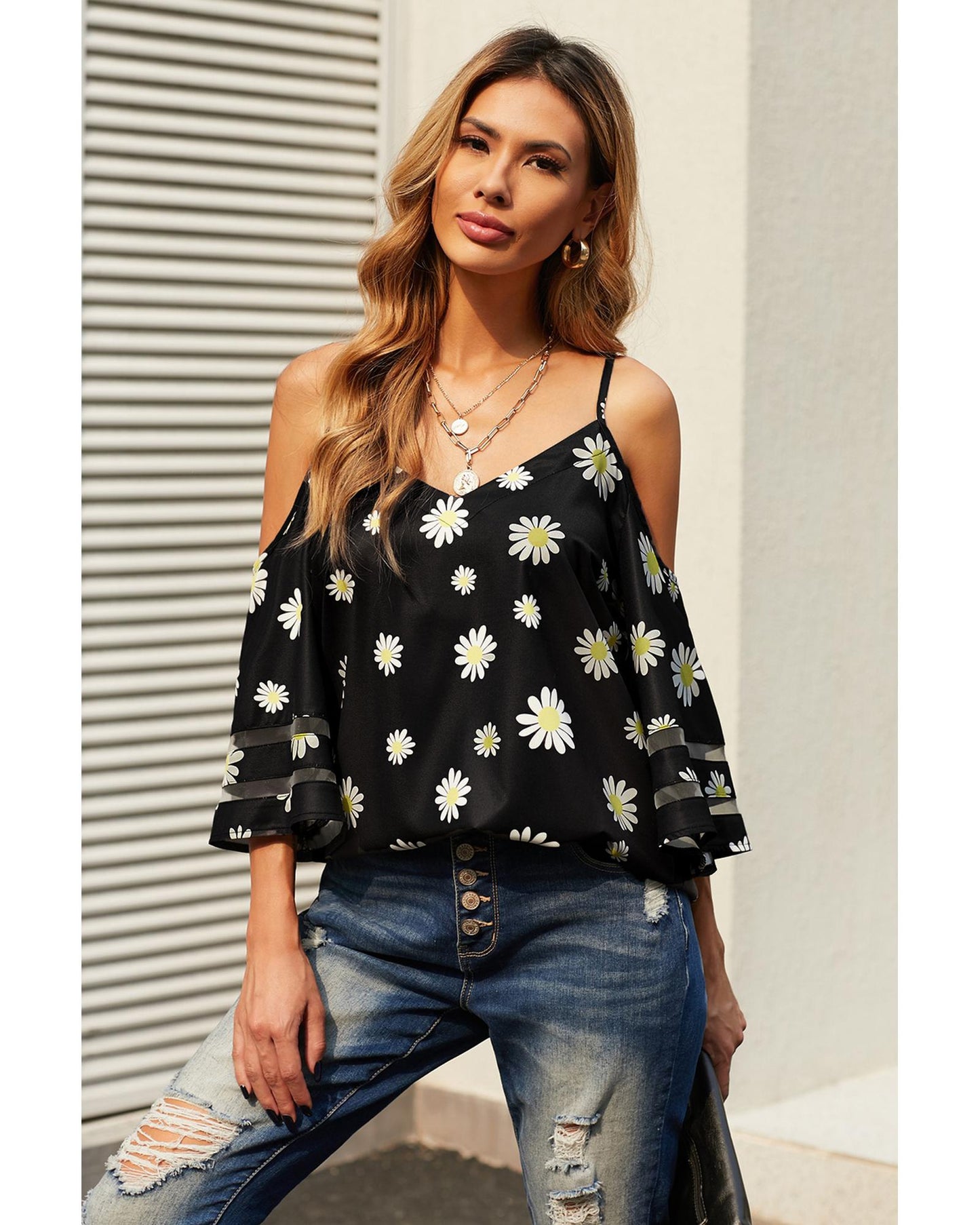 Azura Exchange Floral Cold Shoulder Blouse - S