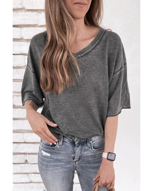 Azura Exchange Waffle Knit V Neck Top - M