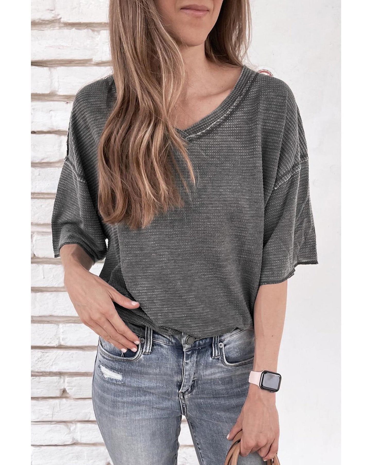 Azura Exchange Waffle Knit V Neck Top - S