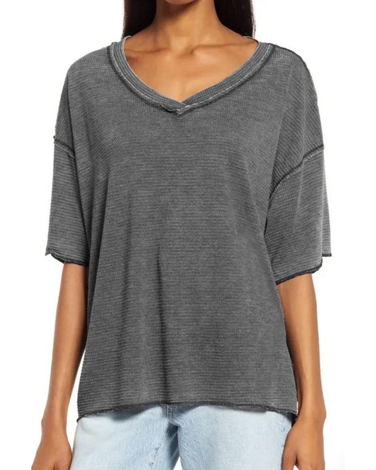 Azura Exchange Waffle Knit V Neck Top - XL