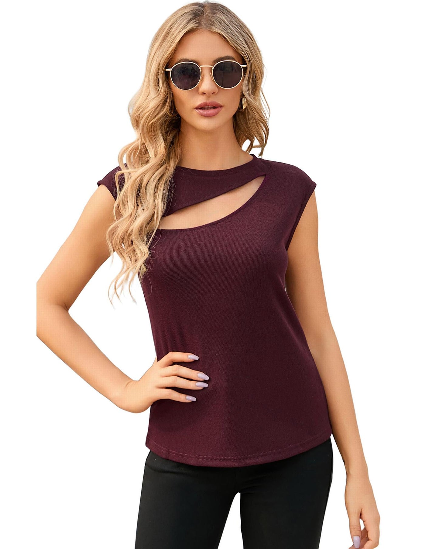 Azura Exchange Cutout Cap Sleeve T Shirt - L