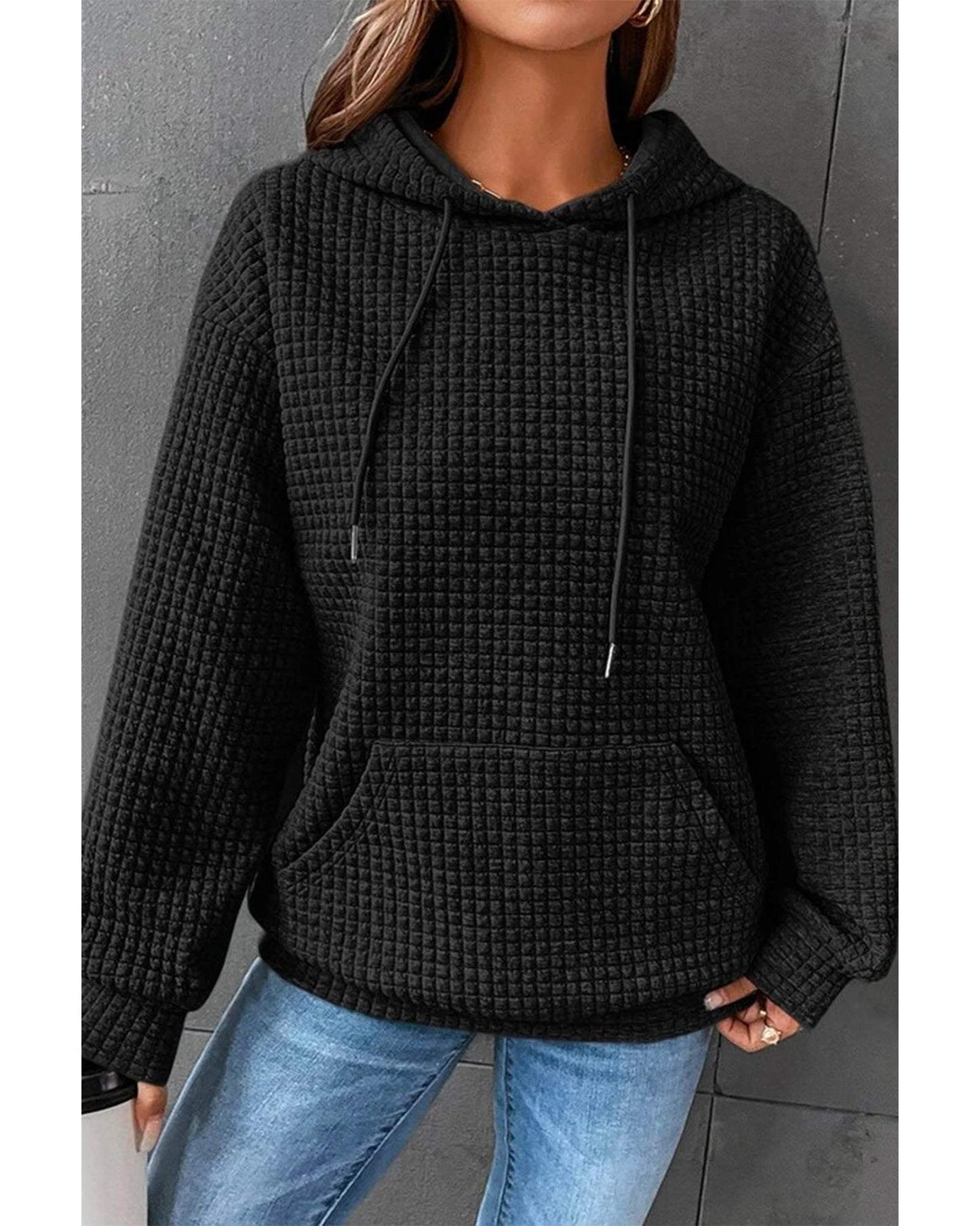 Azura Exchange Lattice Textured Kangaroo Pocket Hoodie - M