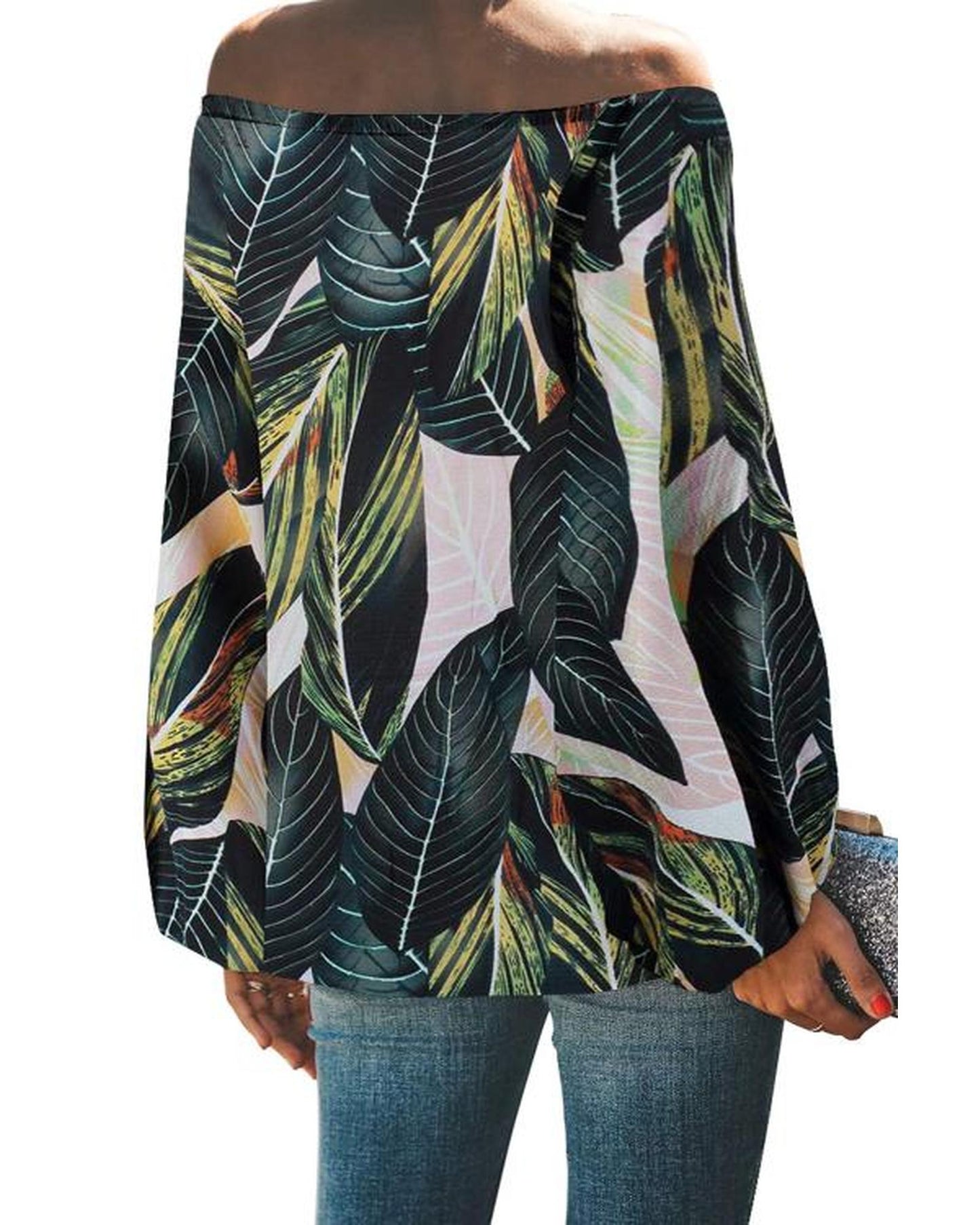 Azura Exchange Leaves Print Off Shoulder Top - M