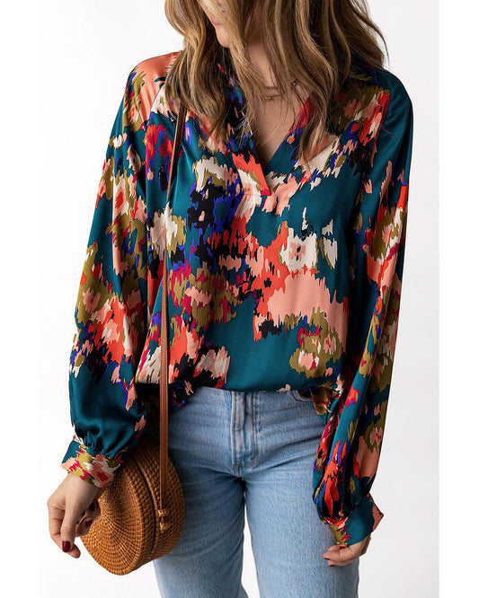 Azura Exchange Graffiti Printed V Neck Puff Sleeve Blouse - S