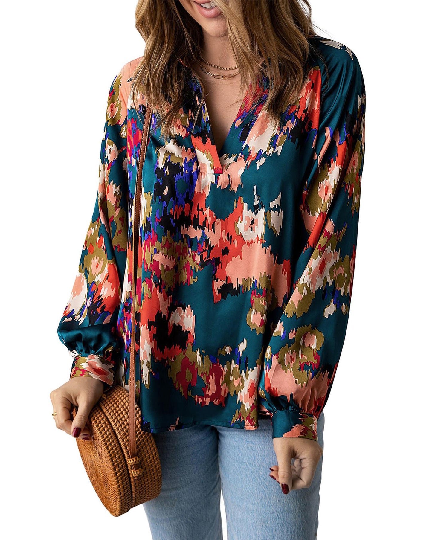 Azura Exchange Graffiti Printed V Neck Puff Sleeve Blouse - S