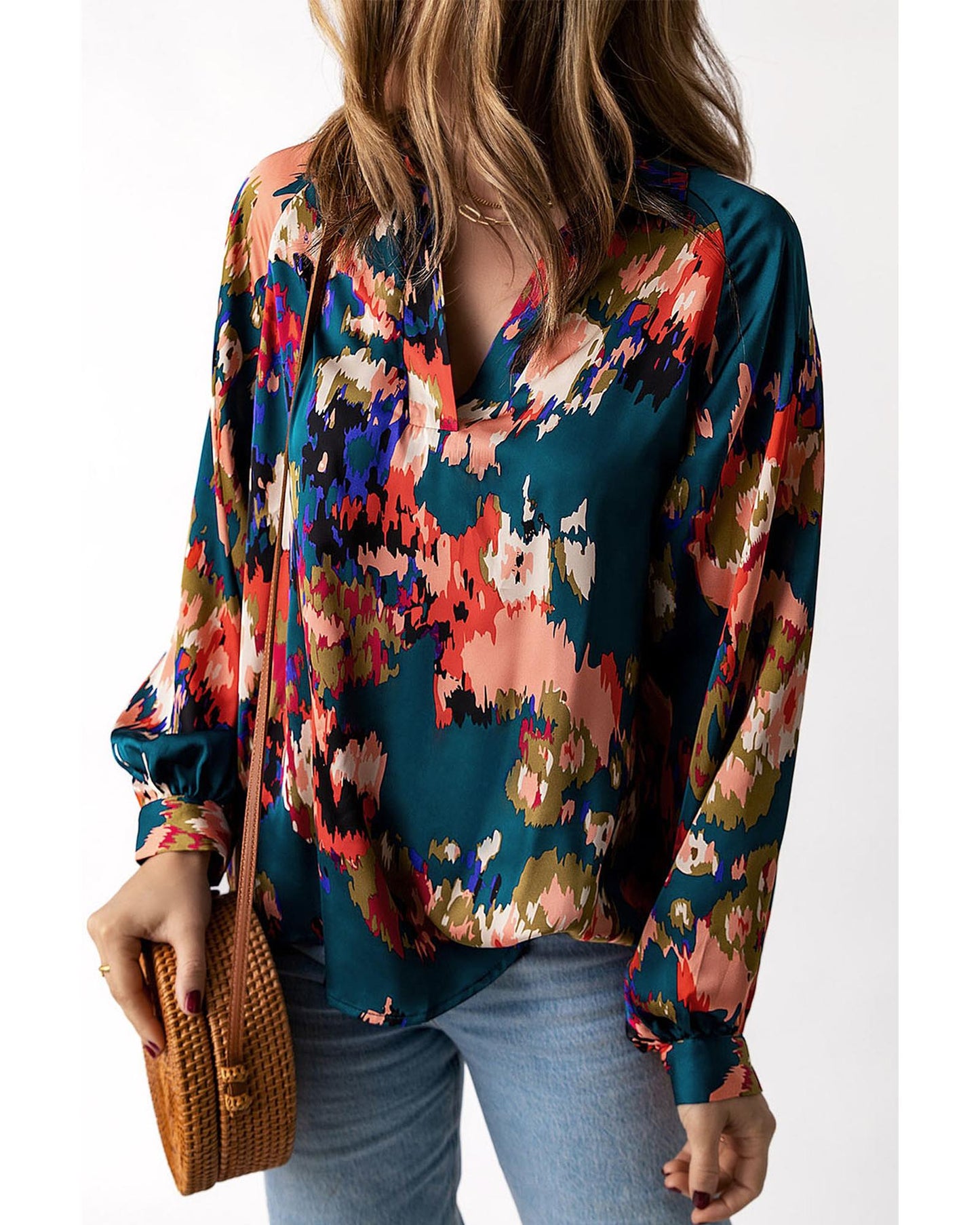 Azura Exchange Graffiti Printed V Neck Puff Sleeve Blouse - S