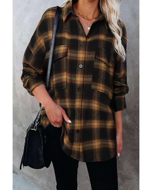 Azura Exchange Brown Plaid Pattern Flap Pockets Casual Shirt - L