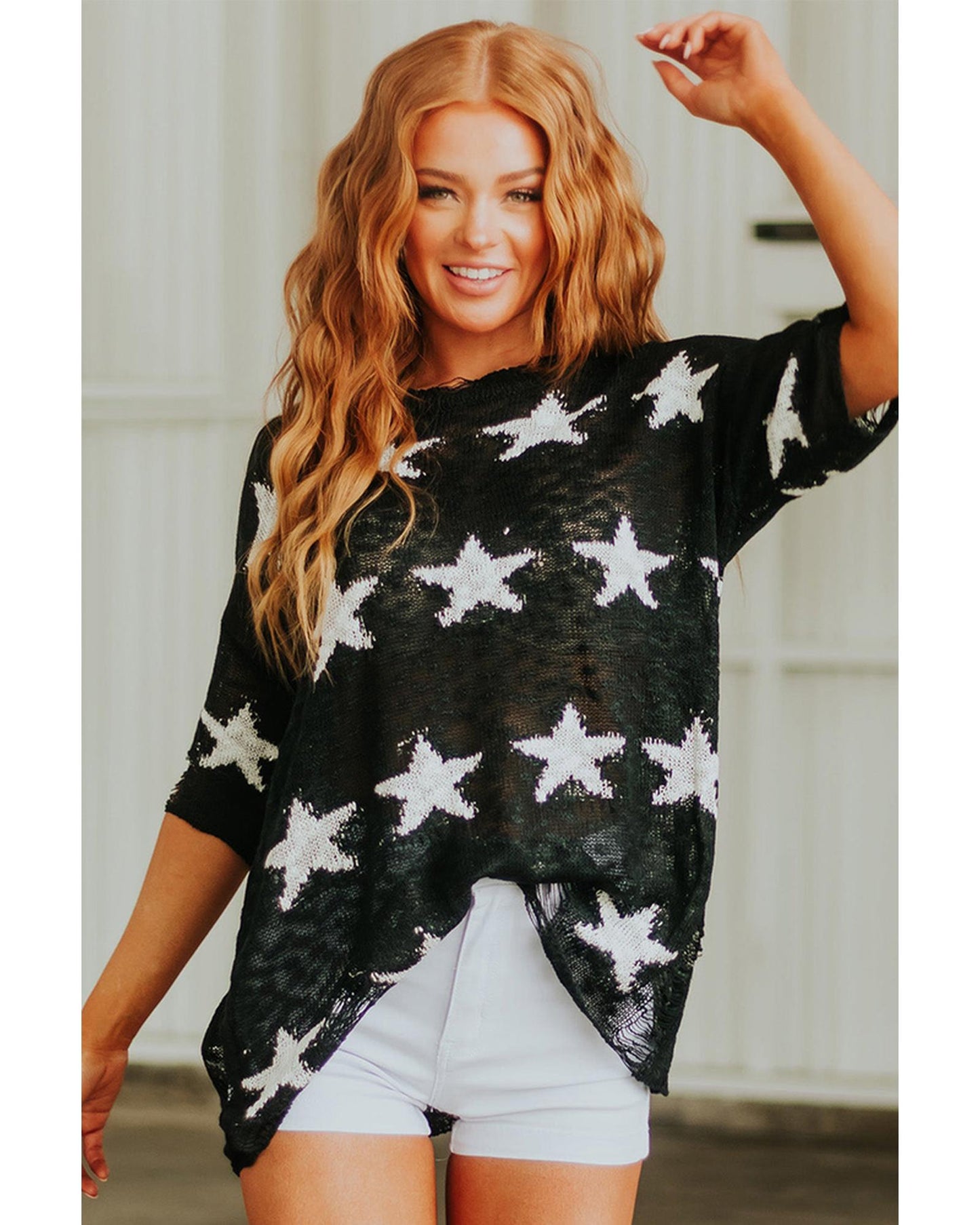 Azura Exchange Half Sleeve Distressed Knit Top with Star Print - L