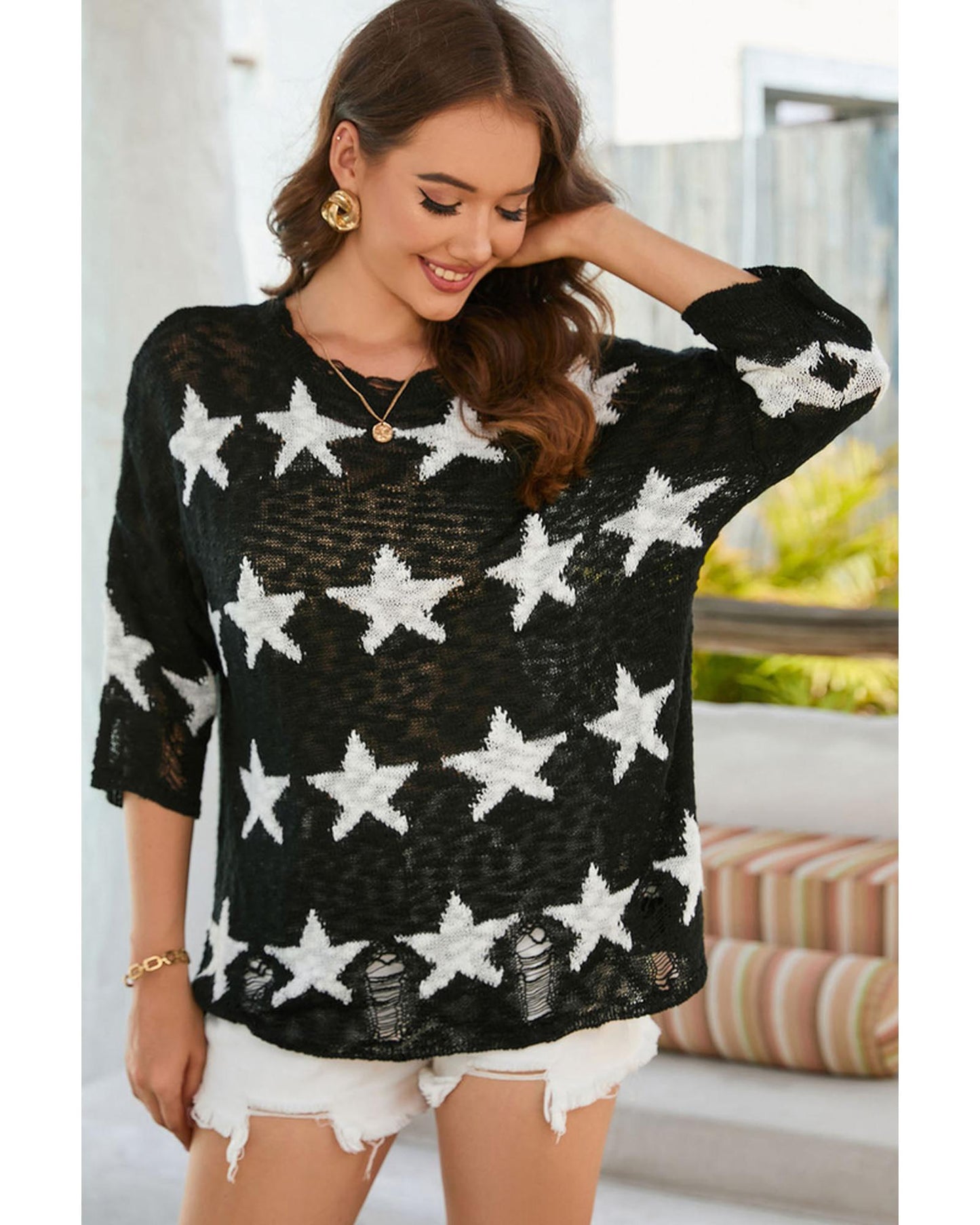 Azura Exchange Half Sleeve Distressed Knit Top with Star Print - L