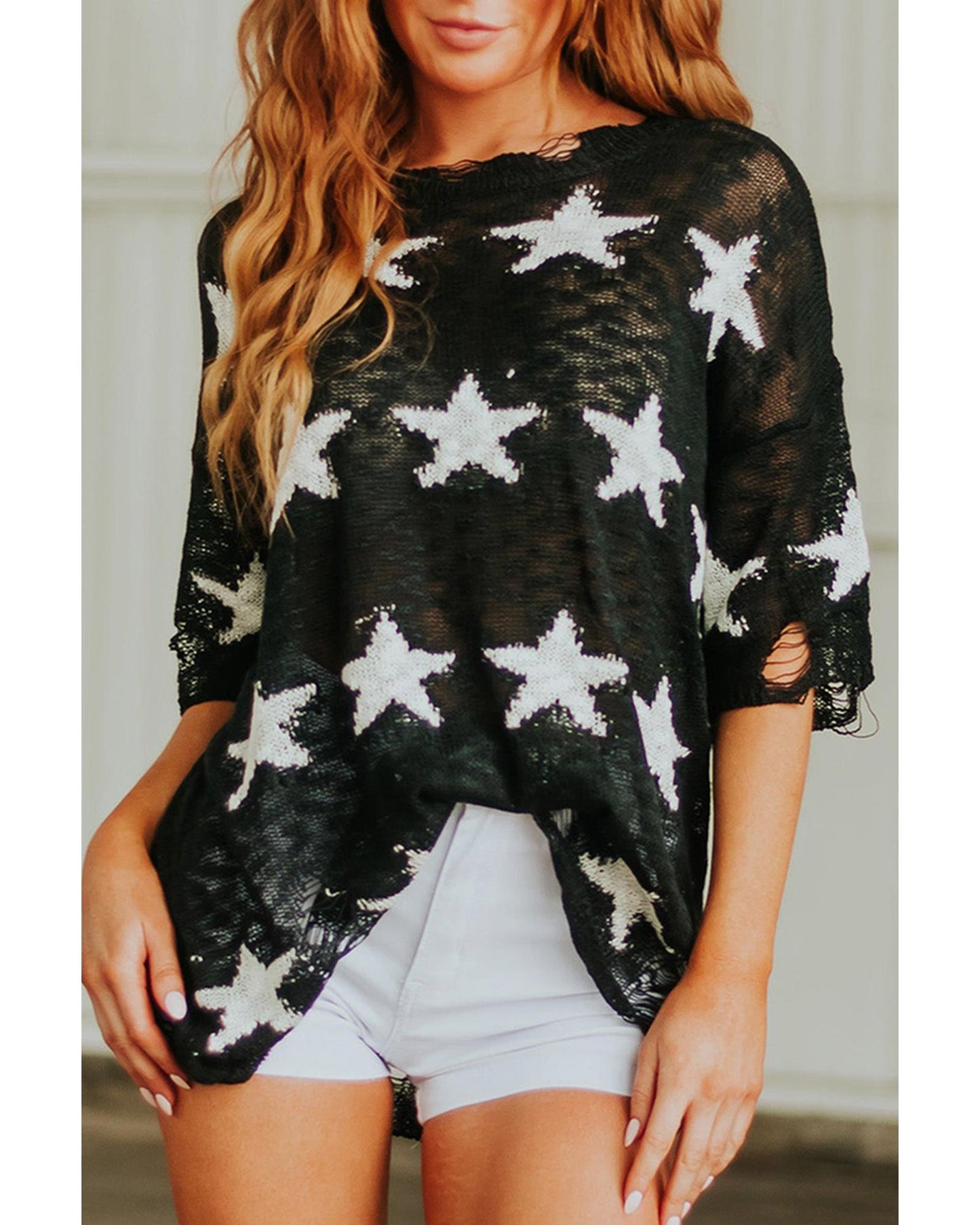 Azura Exchange Half Sleeve Distressed Knit Top with Star Print - L