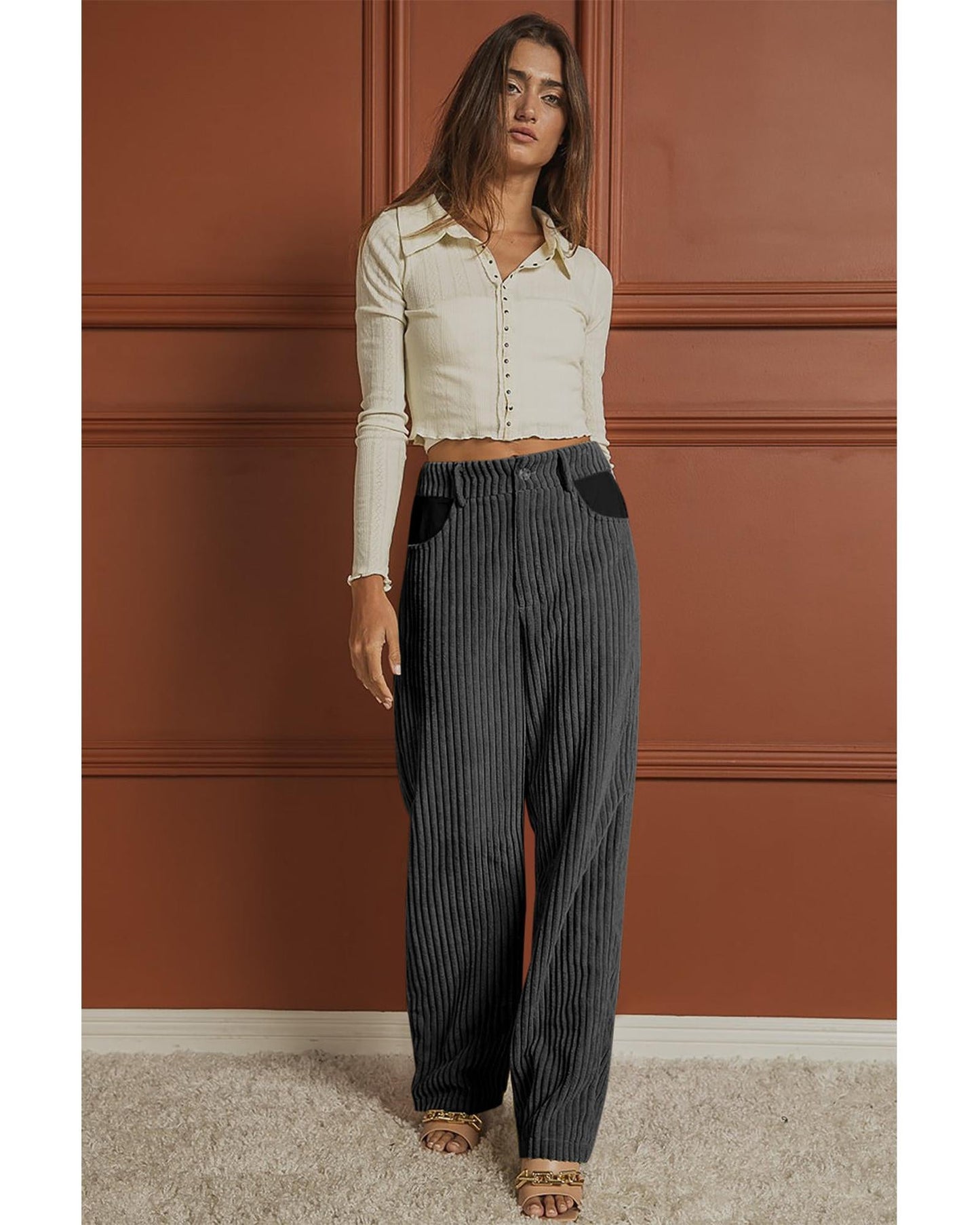 Azura Exchange Contrast Patched Wide Leg Corduroy Pants - L